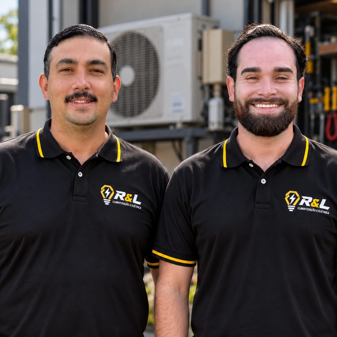 Rafael, à esquerda, e Letierre, à direita, sócios da R&L Climatização e Elétrica, com o uniforme da empresa